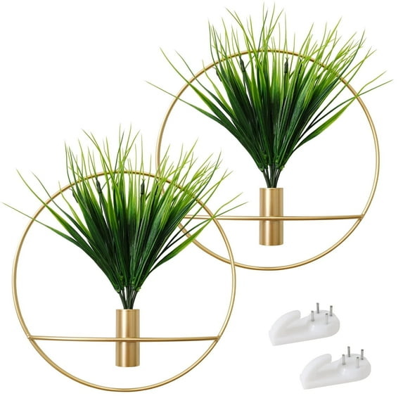 Set of 2 Artificial Plants with Gold Metal Round Hanging Hoop for Wall Decor, Wall-Mounted Green Fake Plants in Metal Hoop for Modern Home Decor, Gold Wall Decor for Bedroom, Living Room