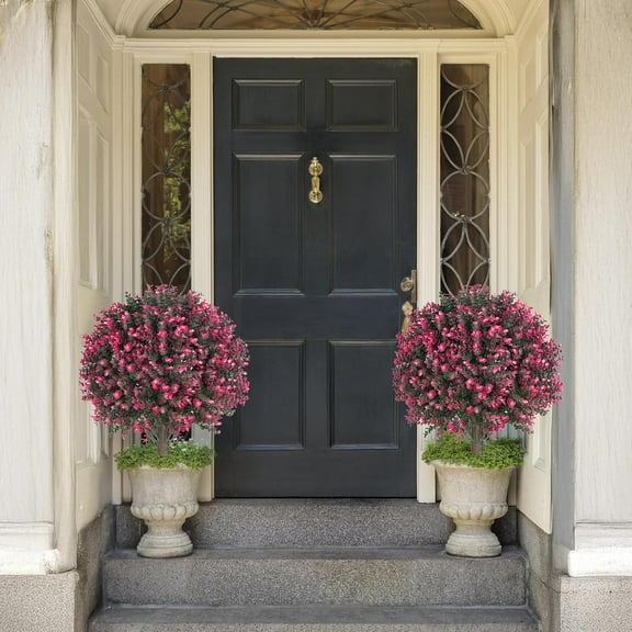 Set of 2 Artificial Rose Boxwood Topiary Ball Bush for Outdoor with Ground Spike 22", Resistant Faux Greenery Shrubs, Fake Rose&Green Boxwood Plants for Garden, Yard, Porch, Decor