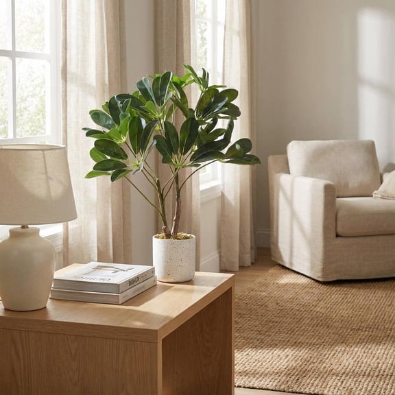 Set of 2 Artificial Schefflera Umbrella Trees – 45cm Tall Faux Green Plants in White Planters – Realistic Indoor Fake Potted Tree for Home, Office, Shelf & Desk Décor