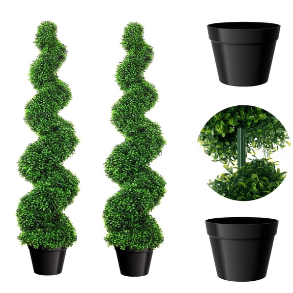 Set of 2 Artificial Spiral Trees, 3-Foot Artificial Boxwood Plants, Realistic Evergreen Plants, Perfect for Decorating Entrances, Patios, Living Rooms, and Offices