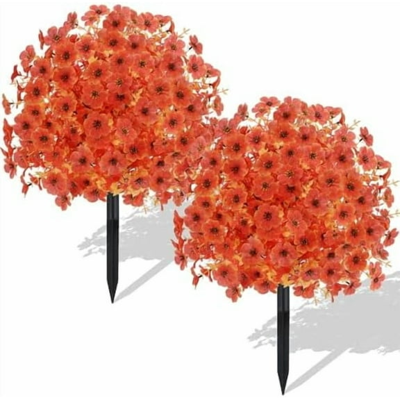 Set of 2 Artificial Topiary Ball Tree with Flower for Outdoor, Fall Fake Shrubs Bushes with Ground Spikes, UV Resistant Faux Boxwoods Plants for Garden Porch Patio Decor