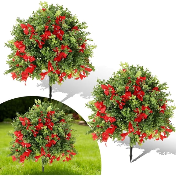 Set of 2 Artificial Topiary Boxwood Ball Trees with Spike UV Resistant Faux Round Topiary Shrub Plant with Silk Flowers for Porch Outdoor Planters Indoor Christmas Decor