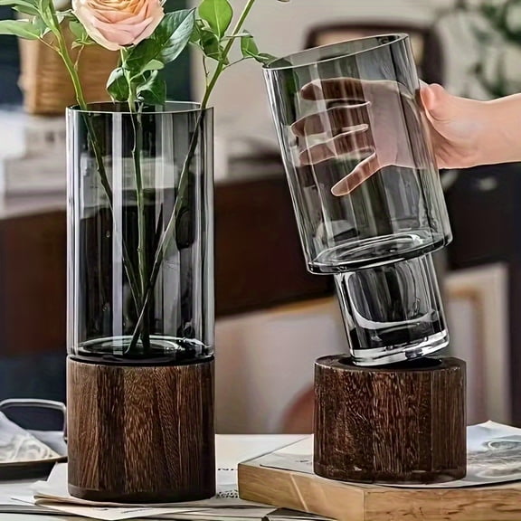 Set of 2 Artistic Wooden and Glass Vases, 10 Inches Tall, Wooden Base Cylindrical Vases, Classic Bohemian Rustic Style for Fireplace, Bedroom, Kitchen, Living Room Centerpiece Decoration