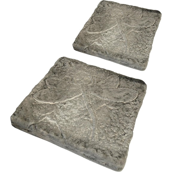Set of 2 Athens Pre-Aged Dragonfly Stepping Stones 12"x12" Concrete Garden Pavers with Raised Insect Detail Gray Stone Finish Outdoor Pathway Decor