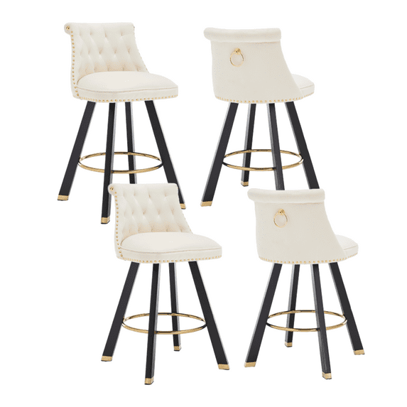 Set of 2 Back Pull Point Design, Velvet Material, 360 Degree Rotation, Back Pull Loop Detachable Design, Rivet Decoration, Square Foot Wooden Bar Chair (Beige)
