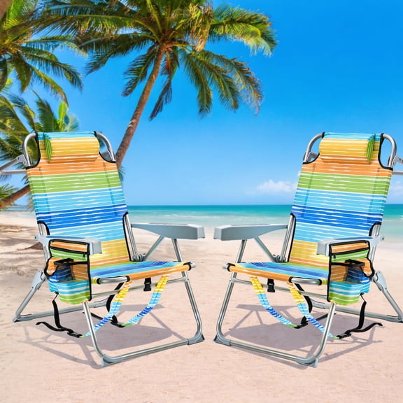 Set of 2 Backpack Beach Chairs for Adults, Mid-Height Heavy Duty Foldable Chairs with 180° Lay Flat Position, 4-Position Adjustable Reclining Outdoor Chair w/ Towel Bar Zipper Pouch Cup Holder