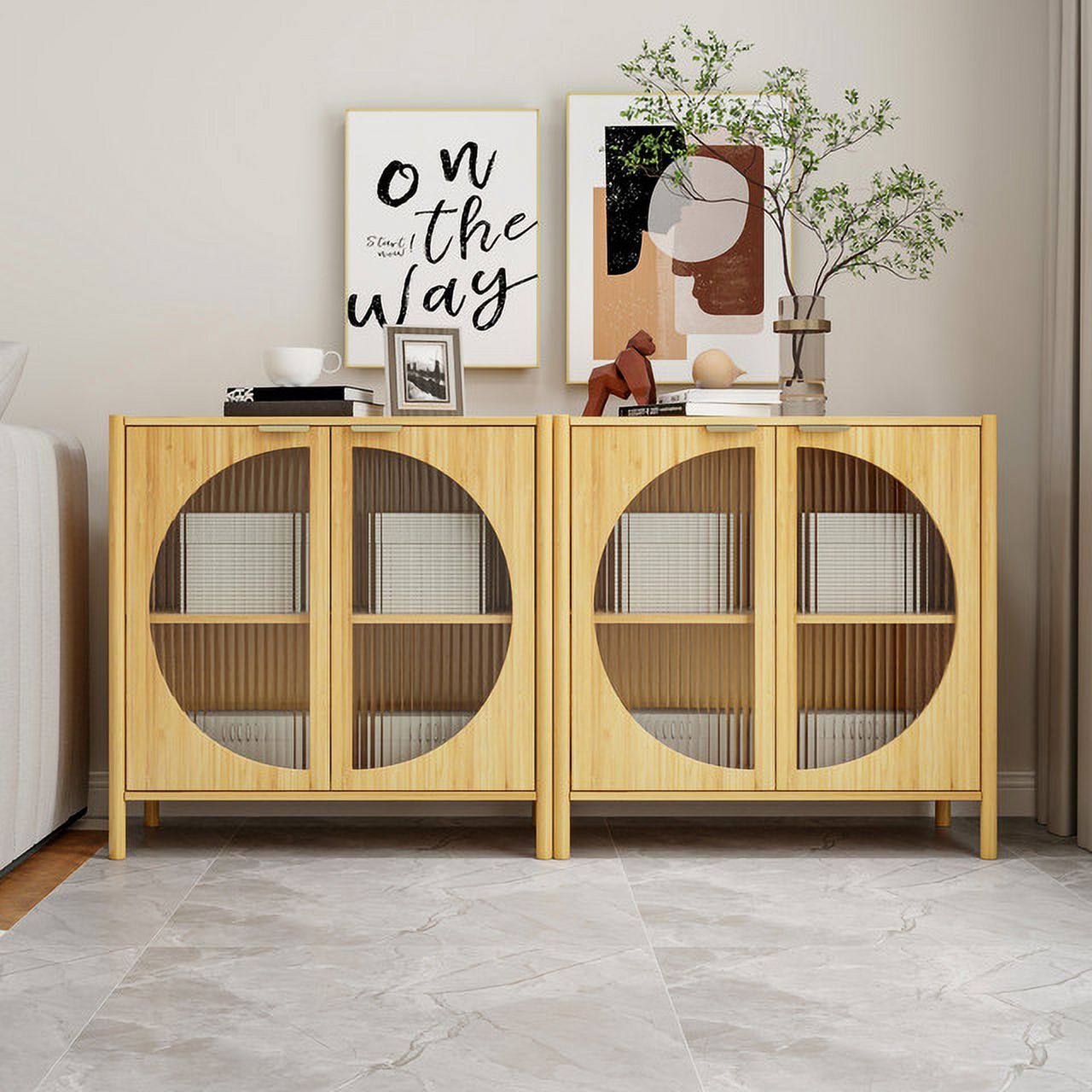 Set of 2 Bamboo 2Door Buffet Natural Finish, EcoFriendly Design with Fluted Glass