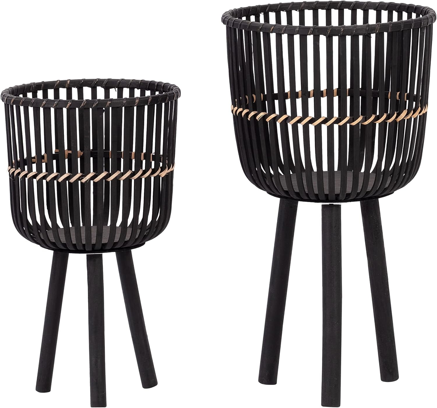 Set of 2 Bamboo Wood Planters on Stands, Indoor Outdoor, Black, Tri