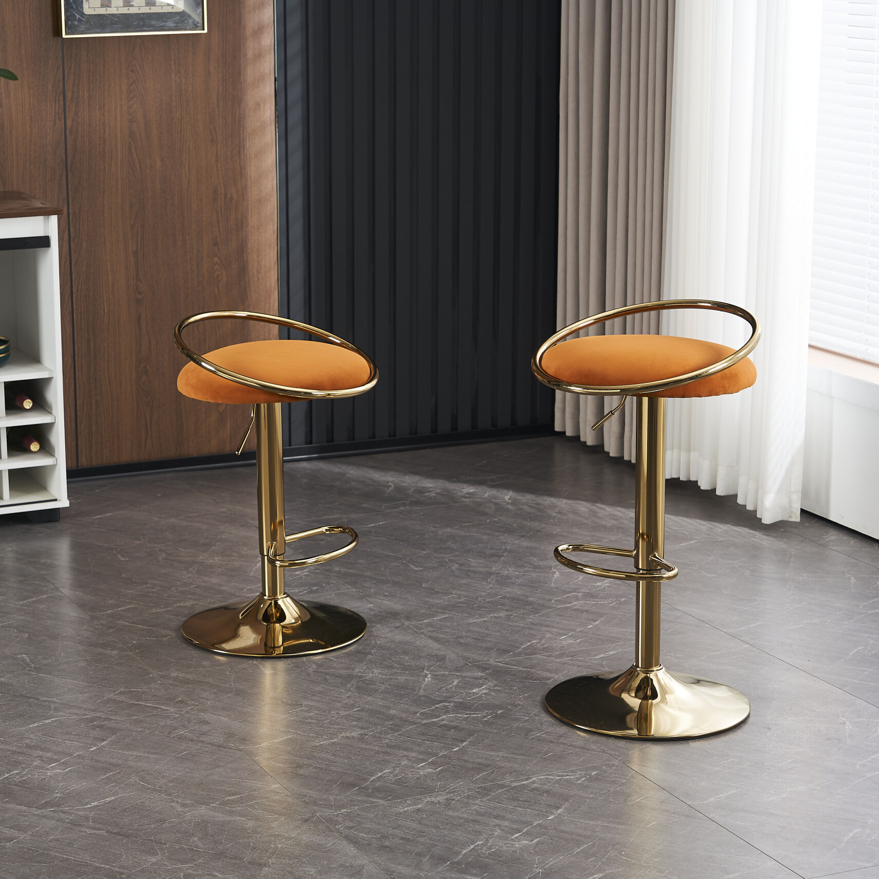 Set of 2 Bar Stool, Velvet Swivel Height Adjustable Bar chair with Low