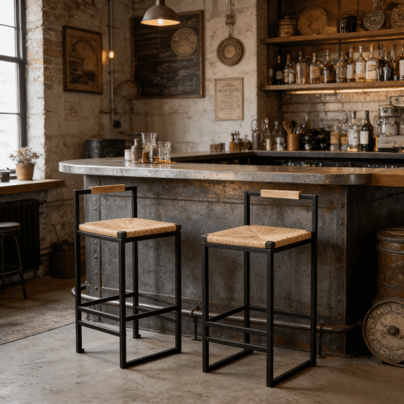 Set Of 2 Bar Stools With Back 31In Counter Height Paper Rope Woven Seat 220Lbs Capacity Iron Frame Footrest Adjustable Pads Kitchen Dining Room Boho Style Easy Assembly Modern Home Furniture XL Set