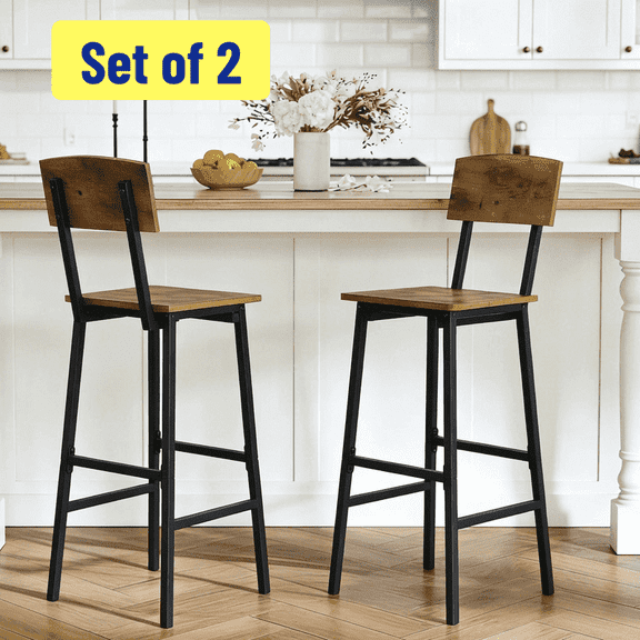 Set of 2 Bar Stools with Backrest, 26"/30" Counter Height Barstools, Rustic Wood & Metal Industrial Bar Chairs, Farmhouse Armless Bar Stools for Kitchen Island, Dining Room, Pub, Bistro