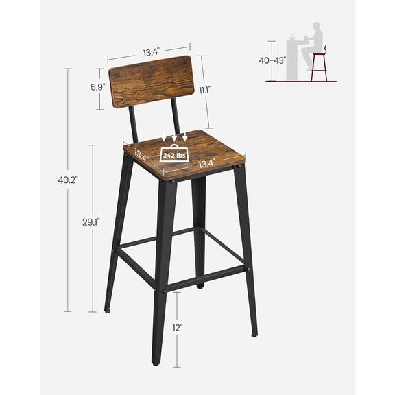 Set of 2 Bar Stools, Bar Height Stools, 29.1 Inches Tall Barstools with Back, Counter Bar Chairs for Kitchen Island, Steel Frame, Industrial Style, Easy Assembly, Rustic Brown and Ink Black