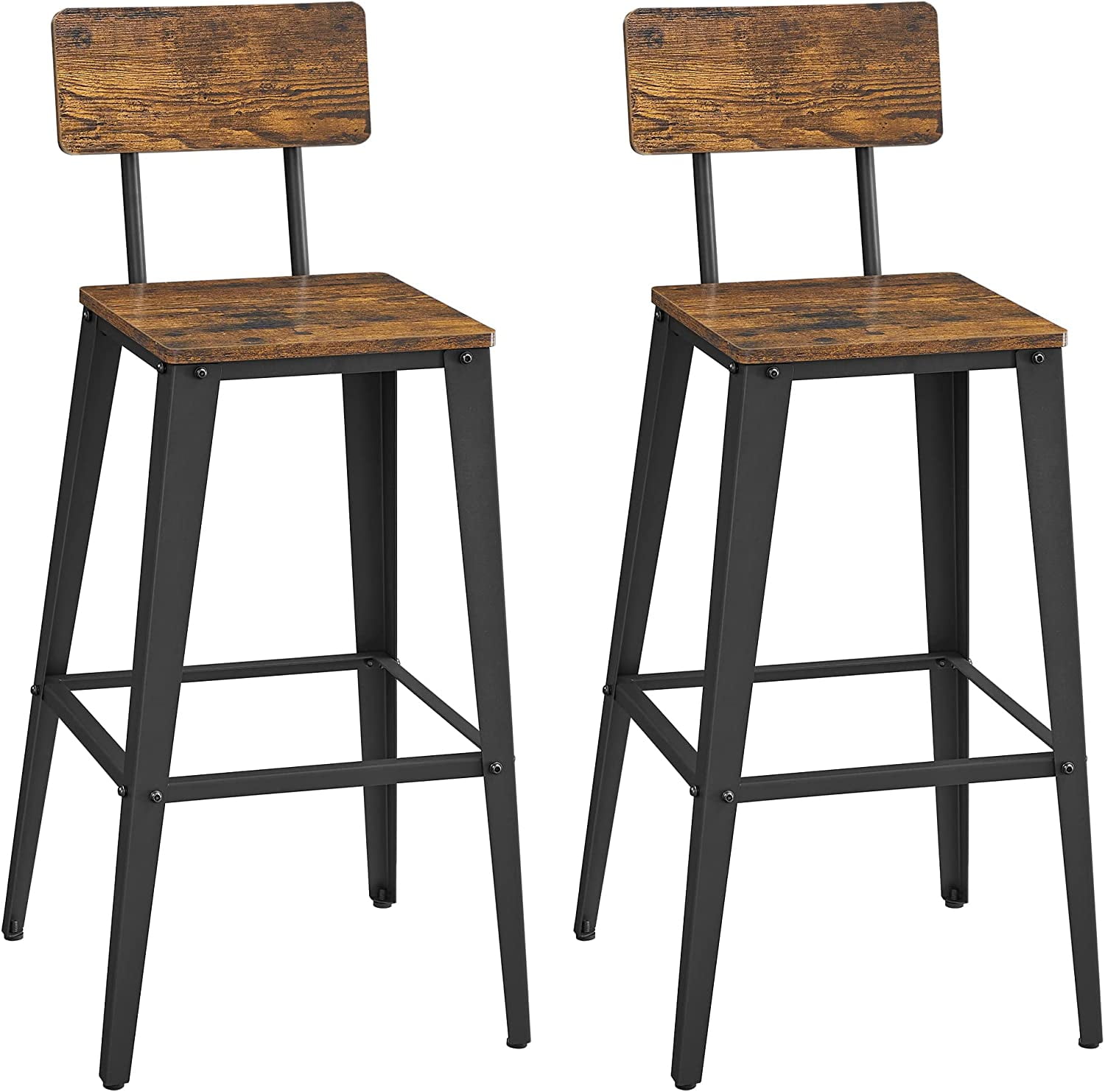 Industrial Rustic Brown Metal Bar Stools with Back, Set of 2
