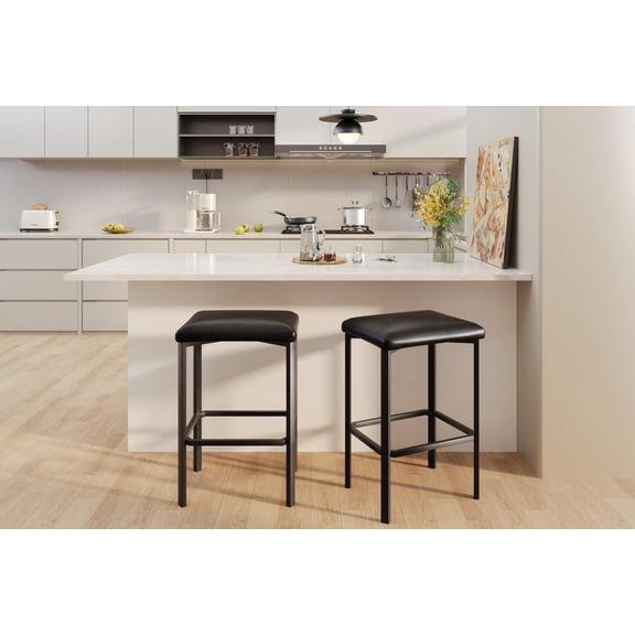Set of 2 Bar Stools with Metal Frame and Support Bar – 25" Bar Height, 23" Seat Height, PU Leather Seat Cushion, 250lb Capacity for Kitchen Island or Home Bar, Black