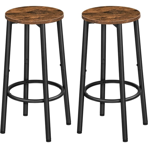 Set of 2 Bar Stools: Round Height Kitchen Stools with Footrest, Sturdy Steel Frame, Rustic Brown – Ideal for Dining Room, Kitchen, Party, Easy Assembly