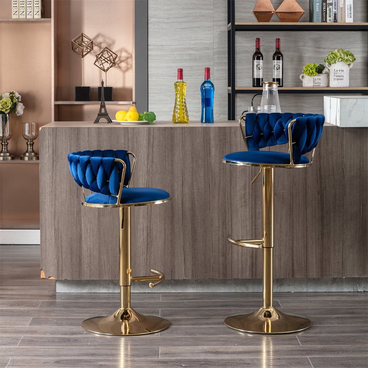 Set of 2 Bar Stools Swivel Bar Chairs with Chrome Footrest and Base Adjustable Height Upholstered Bar Stools with Woven Back Low Back Bar Stools