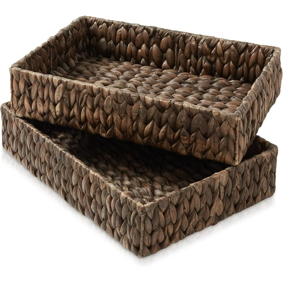 Set of 2 Bathroom Storage Baskets, Espresso - Water Hyacinth, 15.75" W x 11.25" D x 3.25" H, Woven Toilet Topper Bins for Organizing Tissues, Toilet Paper, Toiletries, Shelves
