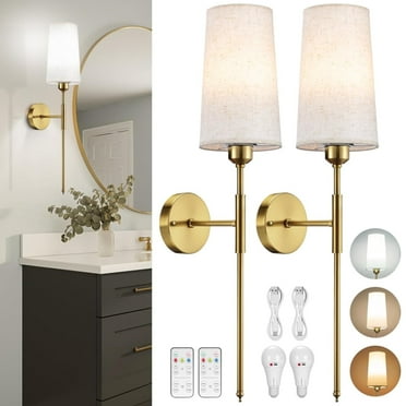Set of 2 Battery Operated Wall Sconce, Rechargeable Wall Sconce with Remote, Dimmable Wireless Wall Sconces Set of Two, Battery Wall Sconce, No Wiring Gold Wall Lamp/Light for Bedroom