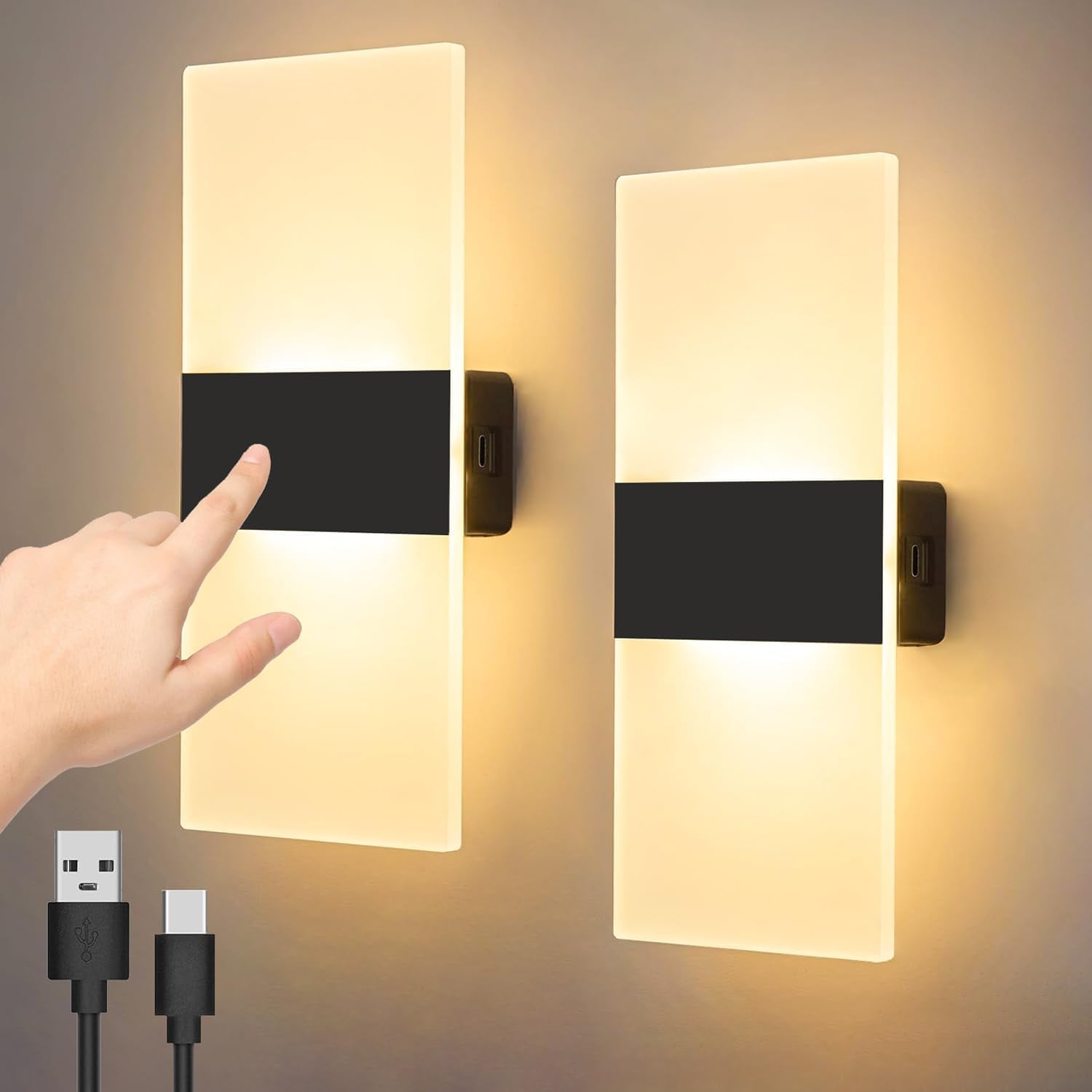 Set of 2 Battery Operated Wall Sconce, Rechargeable wall lights Touch Control Dimming Wireless Wall Sconces, LED Magnetic bedside wall lamps Indoor Sconce Wall Decor, for Bedroom, Living Room, Hallway
