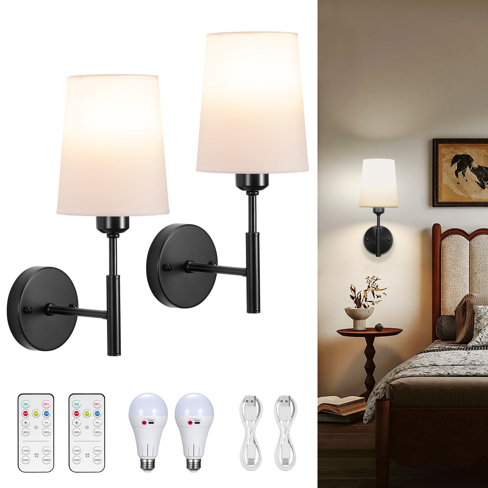 PatioGem Modern Dimmable 2-Light LED Black Bedroom Battery Powered Wall Sconces (2 Count)
