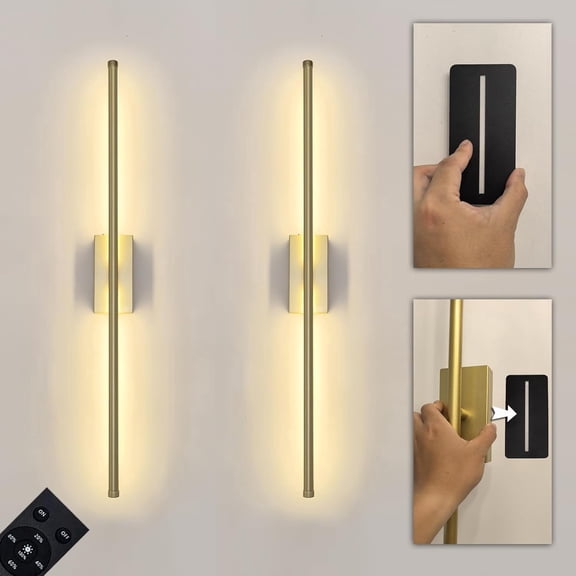 Set of 2 Battery Powered Linear Tube Rechargeable Gold Wall Sconce, Modern Decor Peel and Stick on Cordless Wall Sconces Picture Vanity Light for Living Dinning Room, Bathroom (2 Pack, 28.3'', Gold)