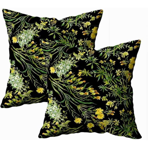 Set of 2 Beautiful Watercolor Wild Field Flowers Pattern Black Background Throw Pillow Covers 18X18 Inch Decorative Pillow Cases for Couch Bedroom Living Room