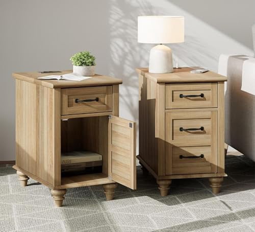 Set of 2 Bedside Tables with Charging Station, Light Wood End Tables ...