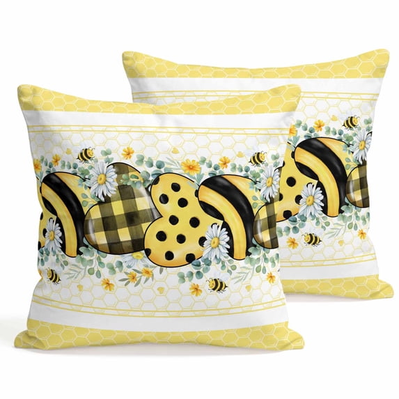 Set of 2 Bee Love Pillow Covers 20x20 Inch, Vintage Country Yellow Bee Plaid Dot Love Floral Honeycomb Decorative Throw Pillow Cases Cotton Cushion Covers for Sofa Couch Bed Living Room Home Decor