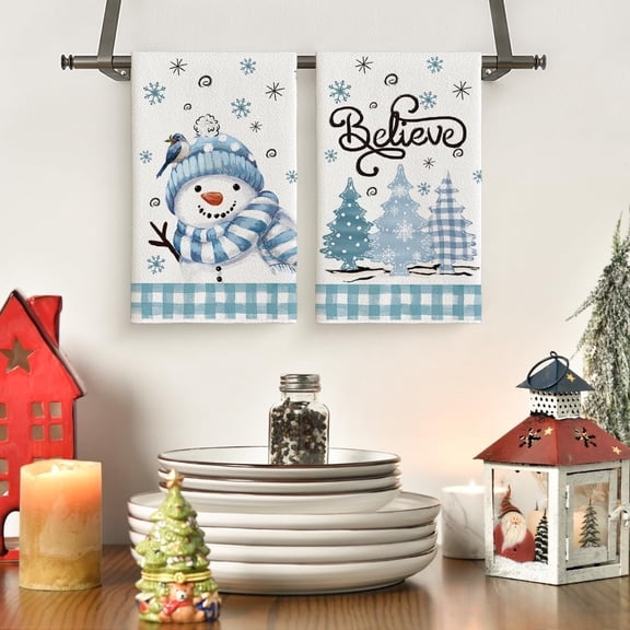 Set of 2 Beige Blue Xmas Tree Snowman Christmas Kitchen Towels Dish Towels, Holiday Bird Believe Winter Decoration Hand Towels, Holiday Kitchen Accessories