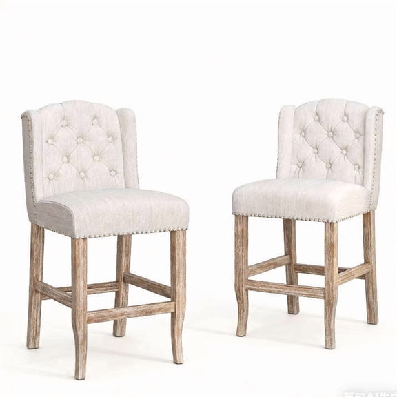Set of 2 Beige Fabric Tufted Wingback Counter Stools with Nailhead Accents, 26.78 Seat Height, Rubberwood Legs, Perfect for Kitchen Island or Breakfast Nook
