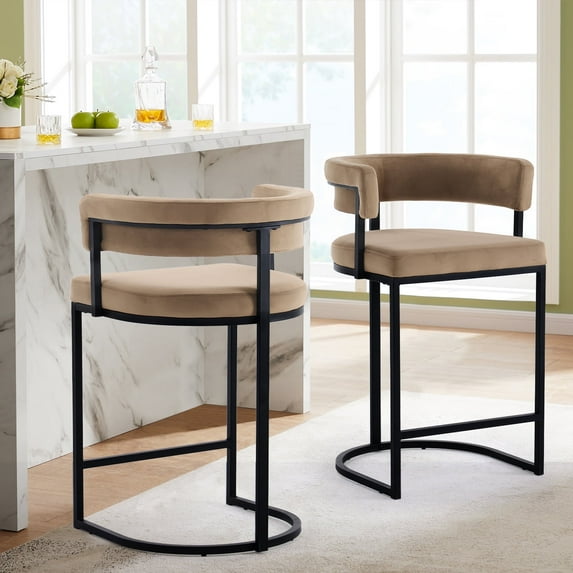 Set of 2 Beige Modern Velvet Bar Stools with Barrel Backrest, Upholstered Seat, Metal Footrest 25.6 Inch Seat Height, Ideal for Counters, Home Bars, and Kitchen Islands
