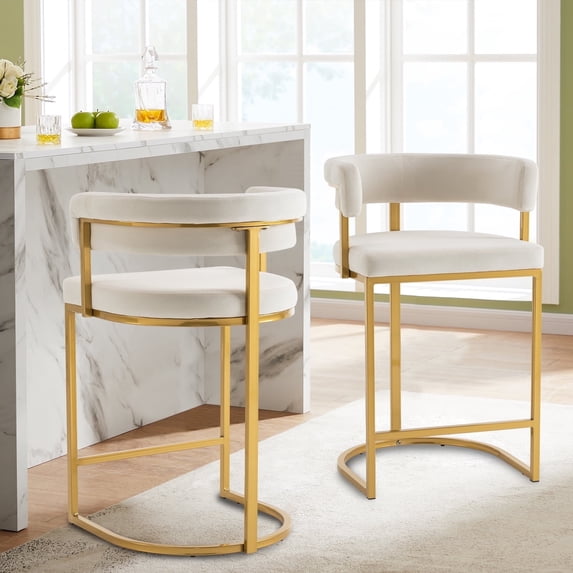 Set of 2 Beige Modern Velvet Bar Stools with Barrel Backrest, Upholstered Seat, and Gold Metal Footrest 25.6 inch Seat Height, Ideal for Counters, Home Bars, and Kitchen Islands