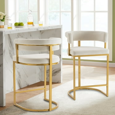 Set of 2 Beige Modern Velvet Bar Stools with Barrel Backrest, Upholstered Seat, and Gold Metal Footrest – 25.6-Inch Seat Height, Ideal for Counters, Home Bars, and Kitchen Islands