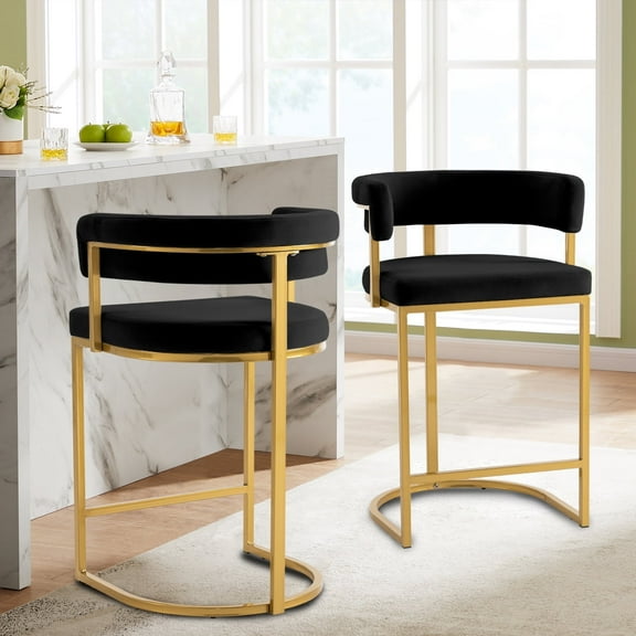 Set of 2 Beige Modern Velvet Bar Stools with Barrel Backrest, Upholstered Seat, and Gold Metal Footrest 25.6 Inch Seat Height, Ideal for Counters, Home Bars, and Kitchen Islands