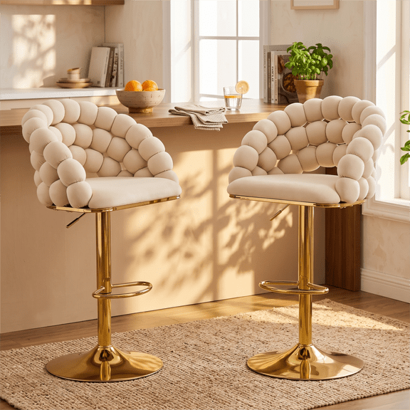 Set of 2 Beige Puffy Bubble Bar Stools, Velvet Ball Chain Tufted Bar Chairs with Electroplated Gold Metal Base, Height Adjustable Modern Swivel Bar Stools for Kitchen Island Home Bar Counter