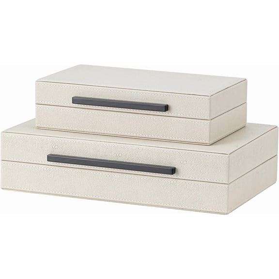 Set of 2 Beige Shagreen Decorative Storage Boxes with Black Metal Handles – Faux Leather Jewelry & Memory Boxes, Nesting Photo Organizers for Home Decor