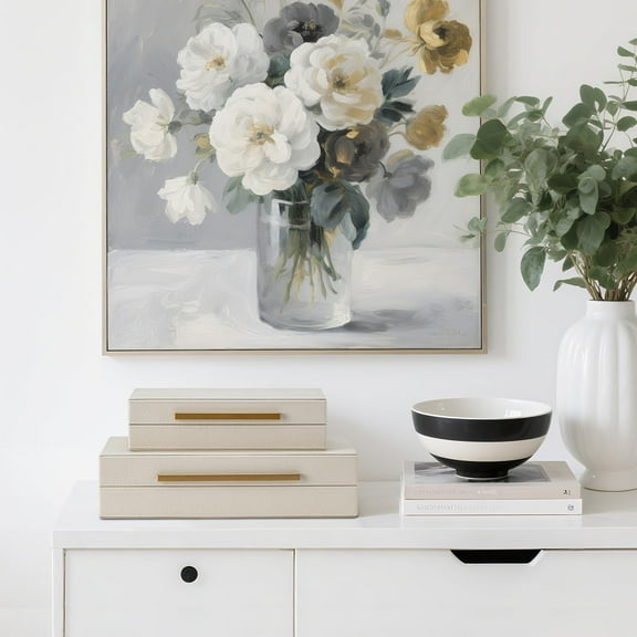 Set of 2 Beige Shagreen Decorative Storage Boxes with Gold Metal Handles  Faux Leather Jewelry & Memory Boxes, Nesting Photo Organizers for Home Decor