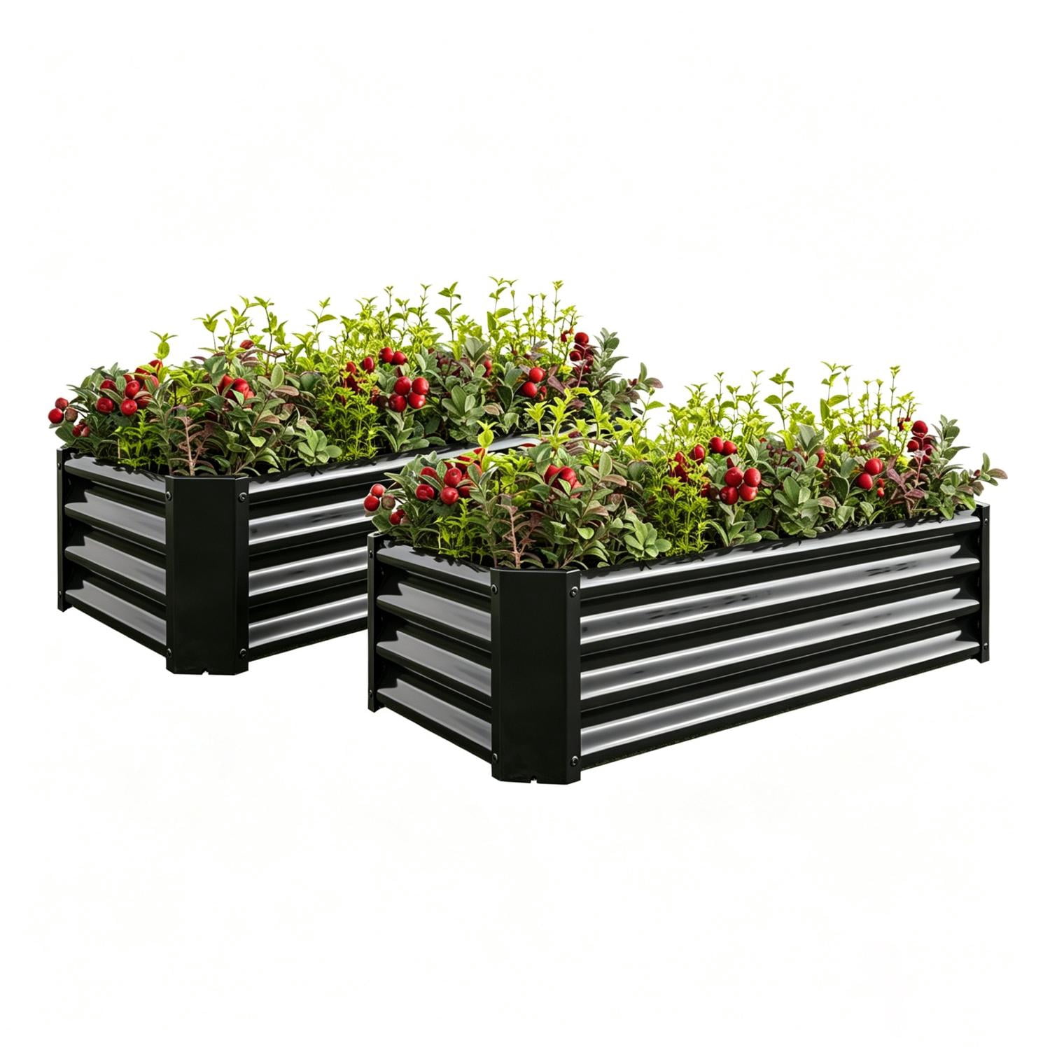 Set of 2 Black 4x2x1 Ft Metal Raised Garden Bed, Rectangle Outdoor Planter Box for Vegetable Flower Herb Gardening, Durable Galvanized Steel Raised Planter for Backyard Patio