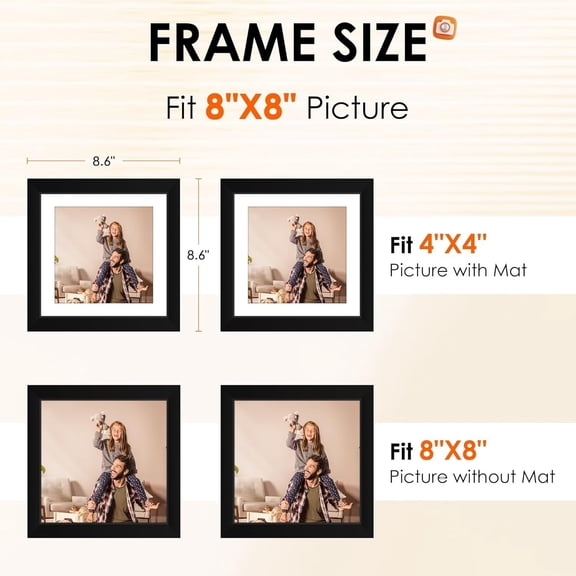 Set of 2 Black 8x8 Inch Picture Frames with HD Plexiglass, Displays 4x4 Photo with Mat or Full 8x8 Without Mat, Tabletop & Wall Mount Collage Photo Frames