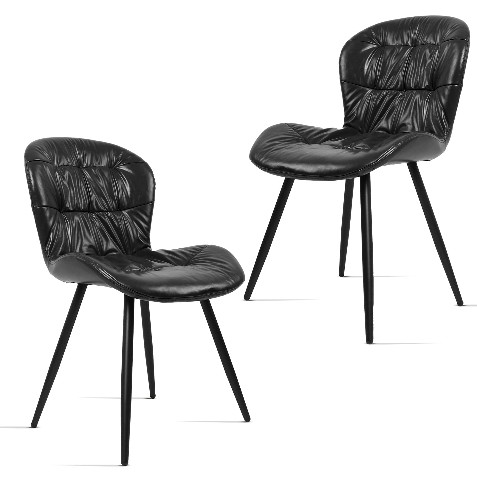 Set of 2 Black Ergonomic Chairs, Polyurethane Faux Leather with Rubberwood Frame, Thick Foam Cushion, Metal Legs, Scratch & Stain Resistant, 300 lbs Capacity
