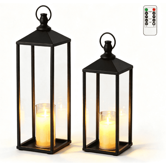 Set of 2 Black Farmhouse Metal Decorative Lanterns, Open Frame Iron Lantern with Remote Control Flameless LED Candles, Indoor Outdoor Wedding Patio Table Home Decor