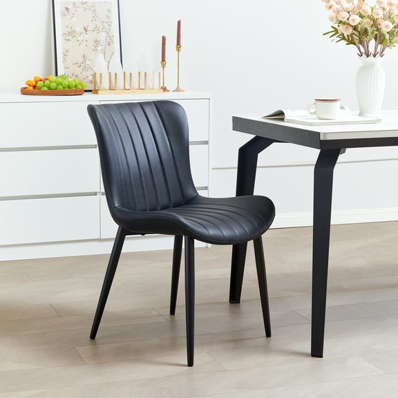 Set of 2 Black Faux Leather Mid-Century Modern Dining Chairs - Ergonomic Accent Seating for Kitchen, Dining Room, Living Room, Reception - 20"x24"x32"