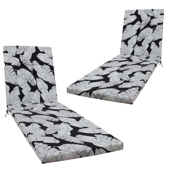 Set of 2 Black Leaf Pattern Water Resistant Polyester Chaise Lounge Cushions 75x22.8x2 Inch High Density Rebound Sponge Secure Fastening Ties Indoor Outdoor Lawn Pool Patio Beach Weatherproof Replace