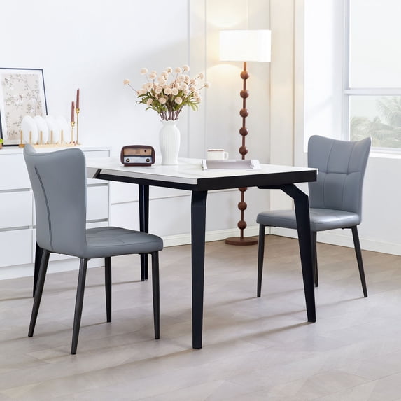 Set of 2 Black & Light Gray High-Back Dining Chairs - PU Leather Seat, Wrought Iron Frame - Ergonomic Design for Kitchen, Living Room & Office Seating