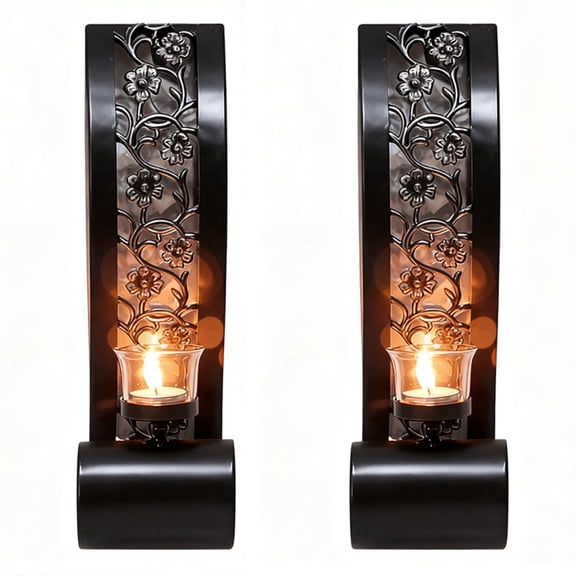 Set of 2, Black Metal Hollow Carving Wall Candle Sconces Set of Two, Vintage Wall Sconce Decor for Living Room Office Wall Indoor Home,Stylish Wall Hanging Decor