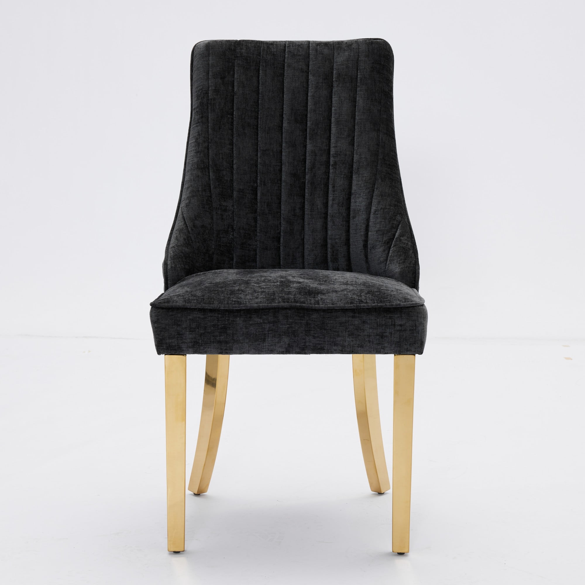 Set of 2 Black Rayon Flocking Chenille Dining Chairs, Comfy High Back Upholstered Kitchen Dinner Chairs with Golden Stainless Steel Legs for Dining Room, American Traditional Style (SW1647BK)