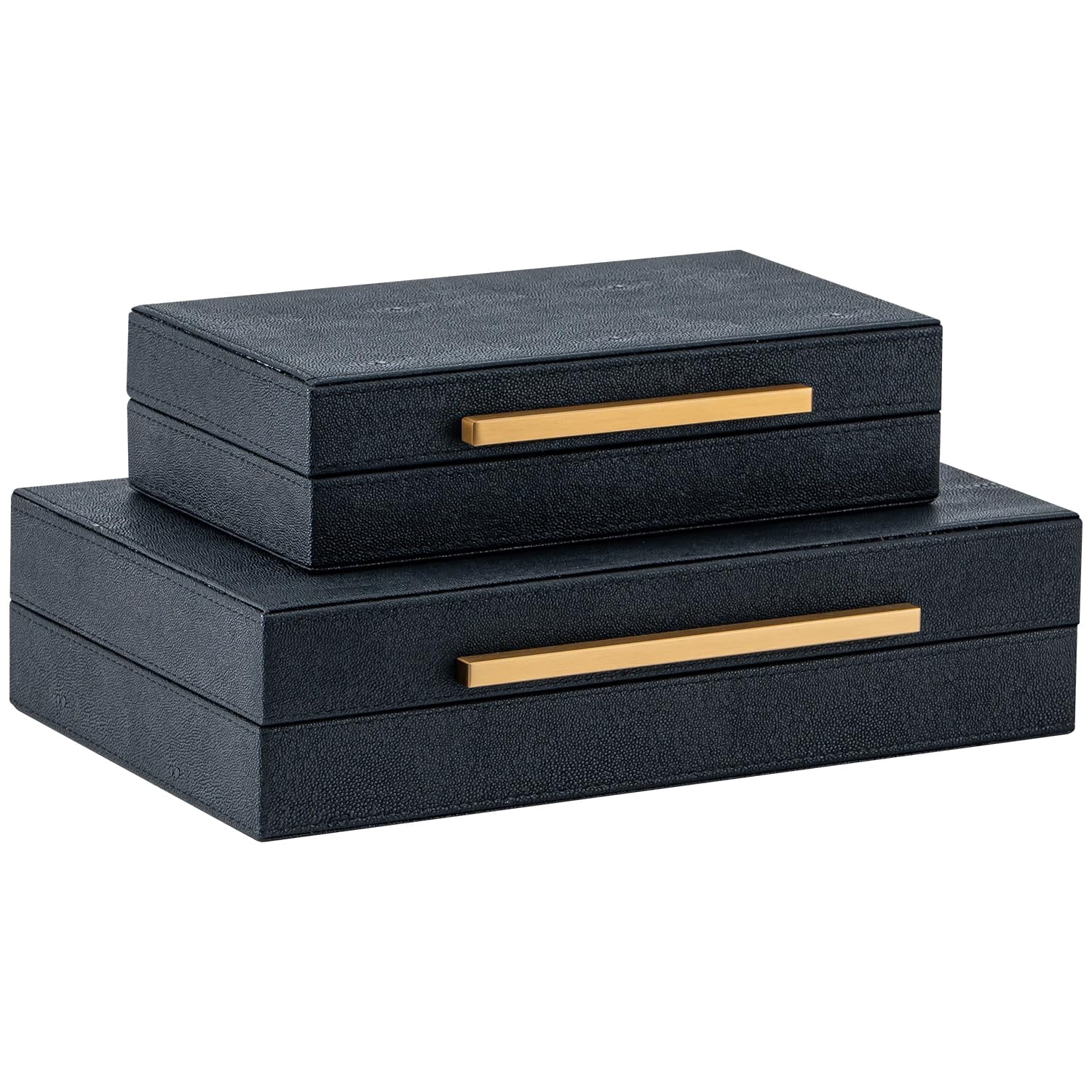 Set Of 2 Black Shagreen Storage Boxes With Metal Handles - Faux Leather Organizer  Nesting Decorative Box For Photos Memory Keepsake Home & Office Decor