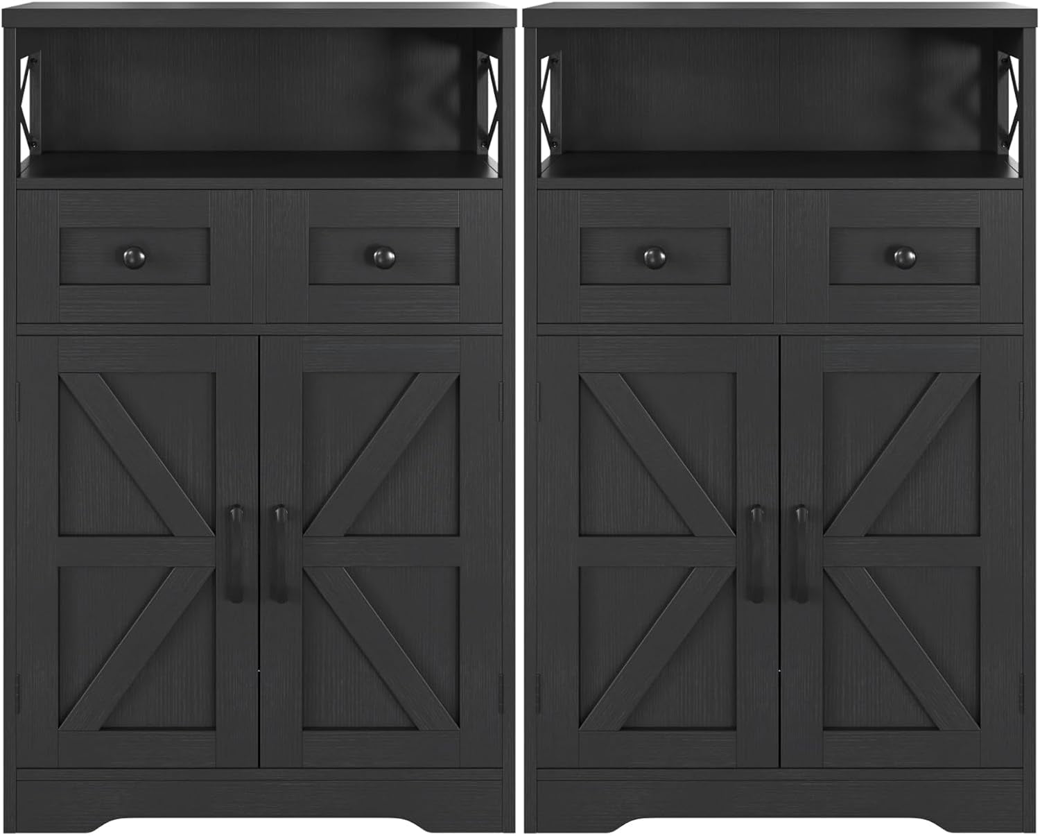 Set of 2 Black Storage Cabinet with Drawers and Shelves, Freestanding Black Kitchen Pantry, Floor Storage Cabinet Hutch Cupboard for Dining, Living Room, Home Office