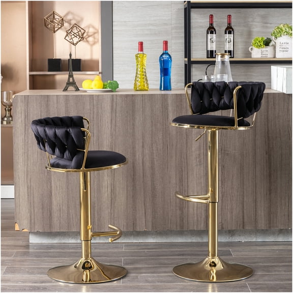 Set of 2 Black Velvet Bar Stools with Swivel Seat & Chrome Footrest, Height Adjustable Counter Stools for Kitchen Island, Modern Accent Chairs
