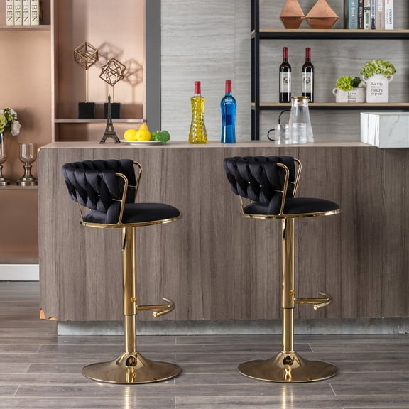 Set of 2 Black Velvet Bar Stools with Gold Legs - 360 Swivel, Adjustable Height, Chrome Footrest, Lumbar Support - Perfect for Kitchen Island, Home Bar, Countertop
